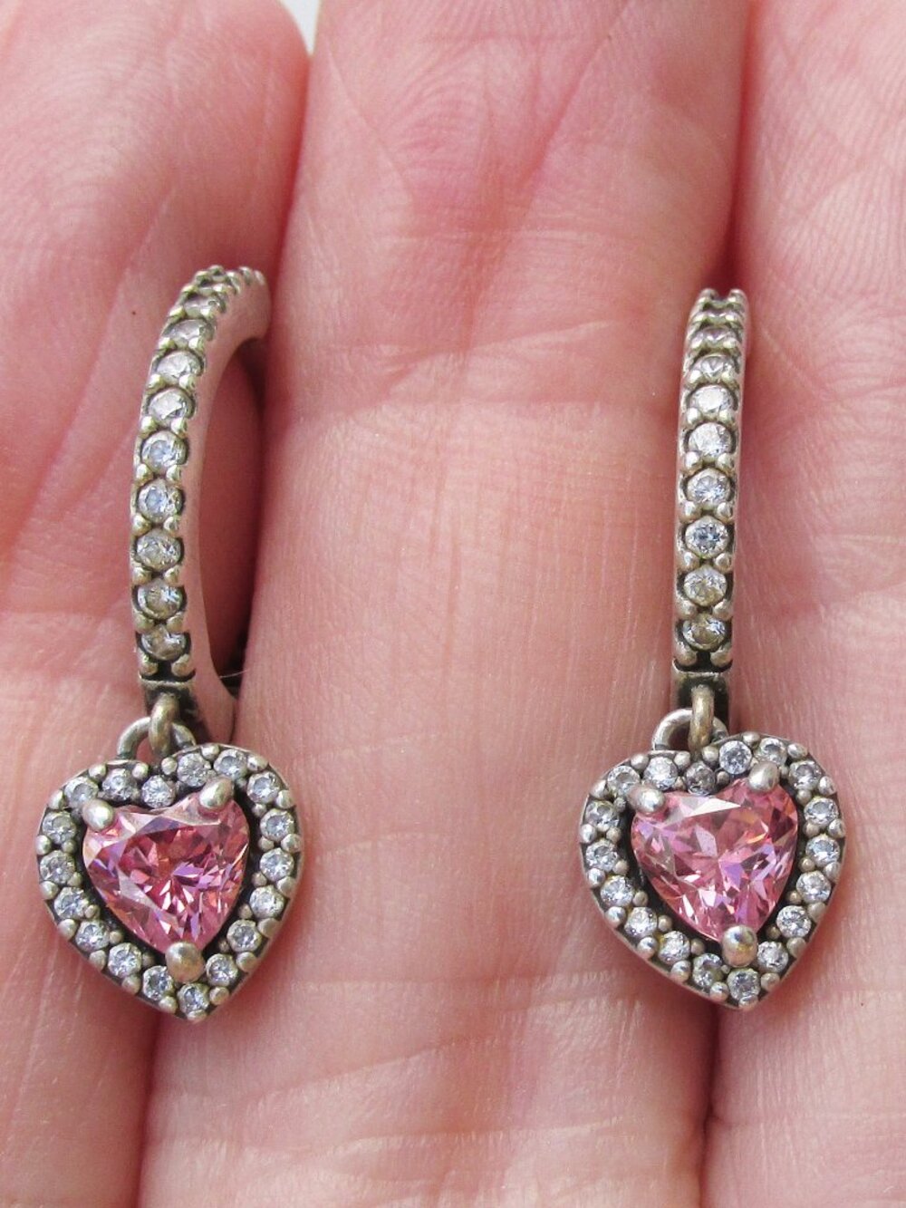 Genuine Signed PANDORA Pink Halo Heart Drop Cubic Zirconia Hoop Earrings